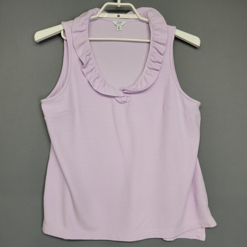 Crown & Ivy Tank Top Womens XL Purple Ruffle Collar Sleeveless Knit Shirt Ribbed